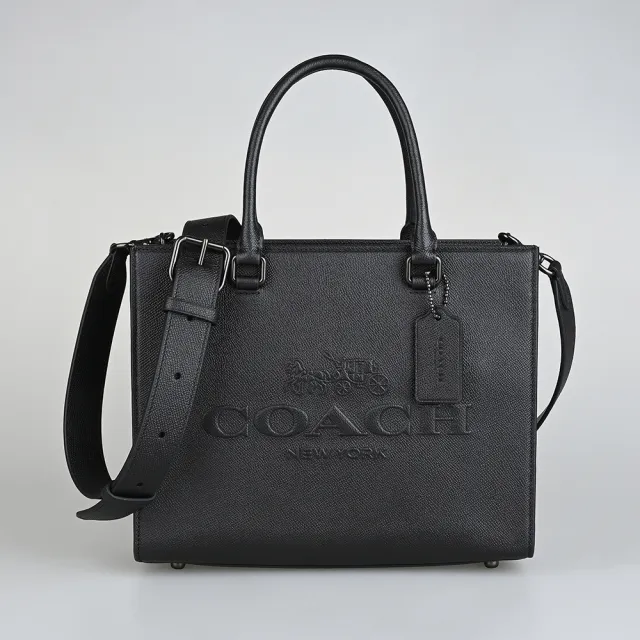 【COACH】COACH立體浮雕LOGO牛皮雙背帶設計拉鍊手提/斜背托特包(黑)