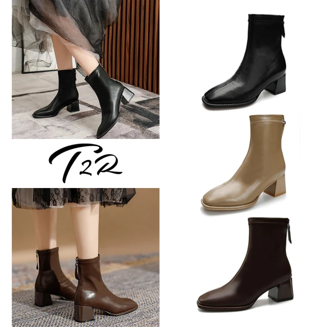 T2R 正韓-真皮針織拼接套腳短筒襪靴-增高約4公分-黑/棕