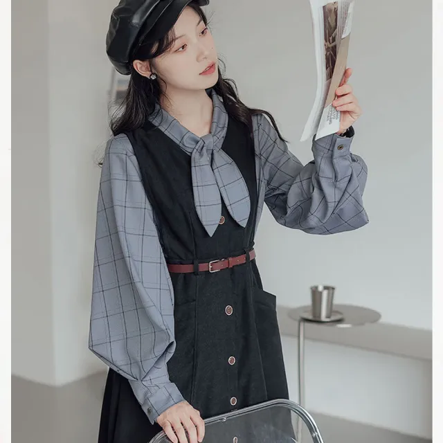 【NVDO】出清品 文藝單排扣大口袋連衣裙-兩色可選(M-XL/吊帶洋裝附腰帶/F099/售完不補)