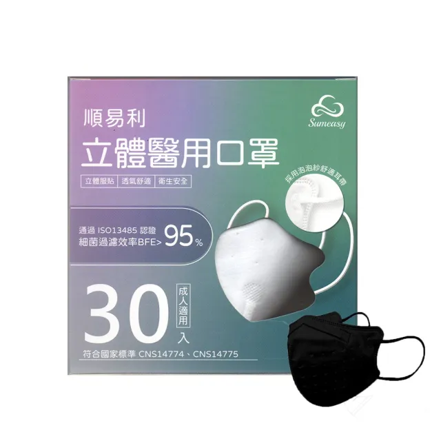 【順易利】成人3D立體醫用醫療口罩(黑/白-30入)