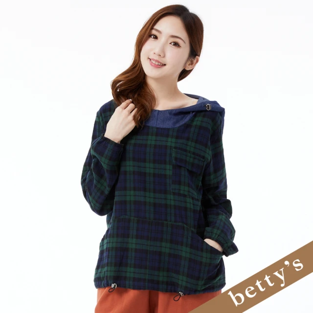 betty’s 貝蒂思 格紋口袋牛仔連帽拼接上衣(綠色)