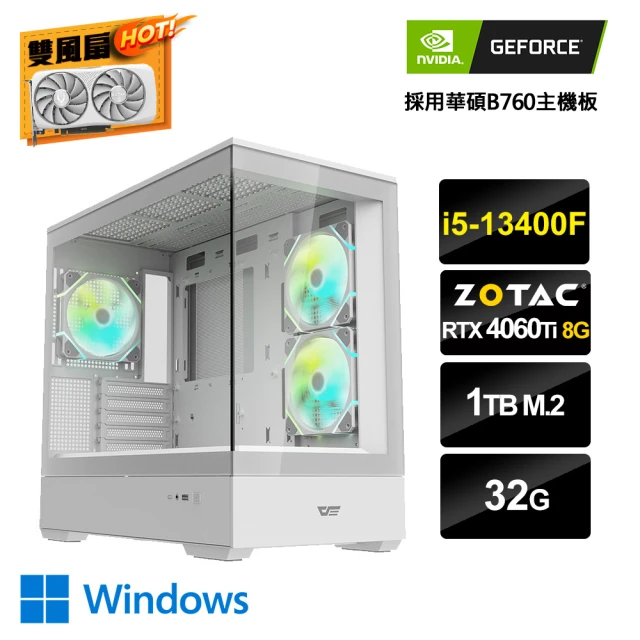 NVIDIA i5十核GeForce RTX 4060Ti Win11{工作室-FW}電競電腦(i5-13400F/華碩B760/32G/1TB_M.2)