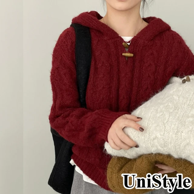 UniStyle 連帽長袖毛衣 日系復古牛角釦麻花慵懶風 女 WTFM885(酒紅)