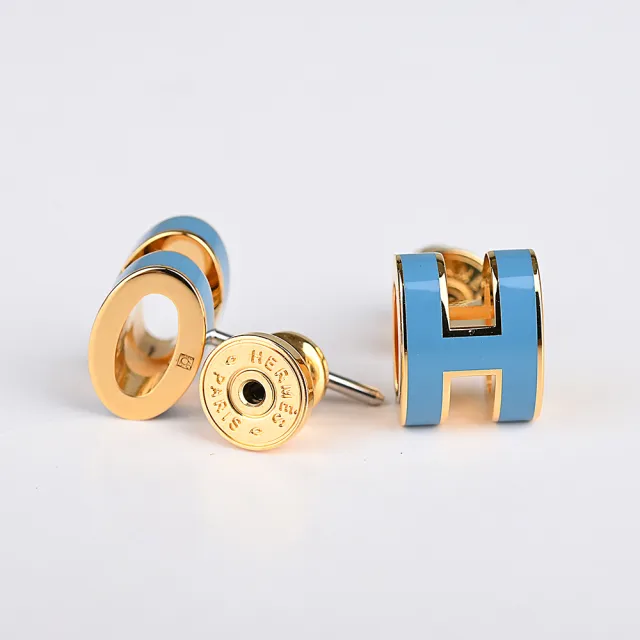 【Hermes 愛馬仕】MINI POP經典立體H字針式耳環(藍x金)