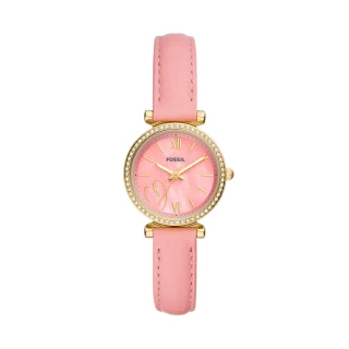 【FOSSIL 官方旗艦館】Carlie 甜美輕奢心型圈華仕女錶 粉色真皮錶帶 指針手錶 28MM ES5177(母親節)