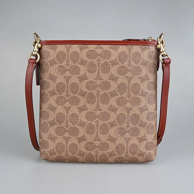 【COACH】Kitt經典C LOGO拼接皮革塗層帆布斜背包(卡其x紅棕)