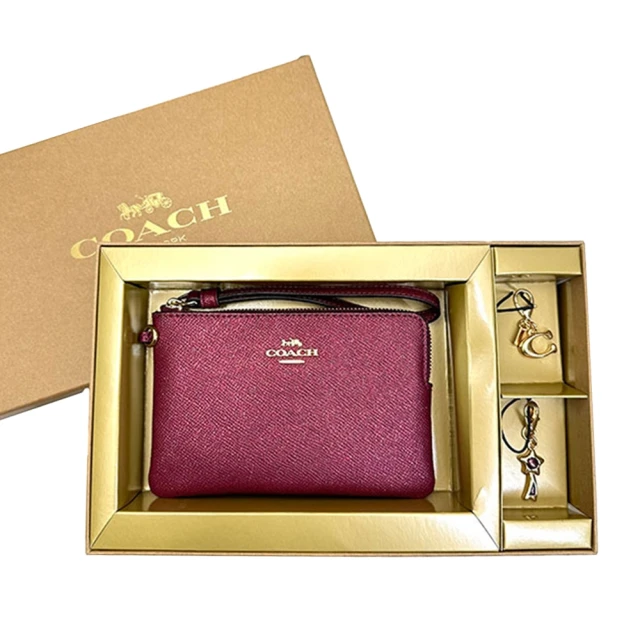 COACH 時尚素色雙吊飾手拿包禮盒組 亮粉紫色(CF547