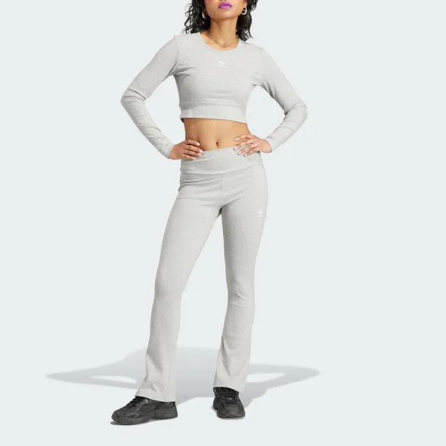 【adidas 愛迪達】RIB LS TEE 女 長袖 短版 上衣 亞洲版 經典 休閒 彈性 修身 羅紋 淺灰(IJ5386)