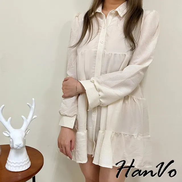 【HanVo】現貨 縐褶感泡泡秀娃娃連衣裙(氣質翻領寬鬆質感風格 韓系女裝 女生衣著 A06-3686)
