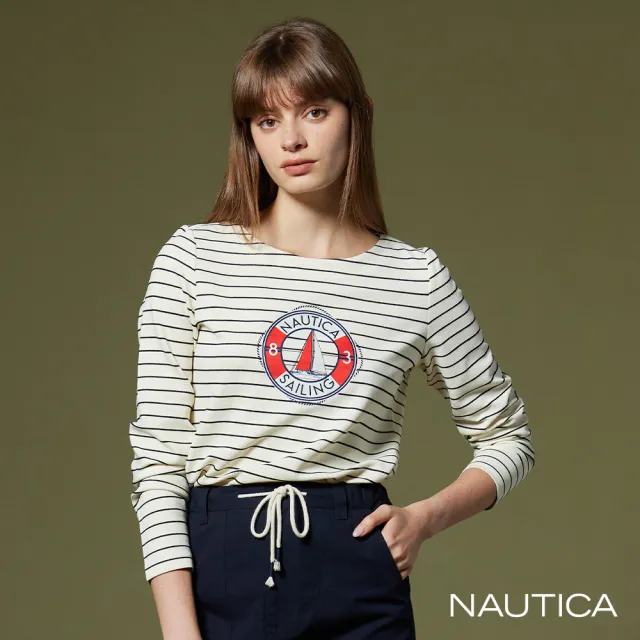 【NAUTICA】女裝 U領條紋長袖T恤(白)