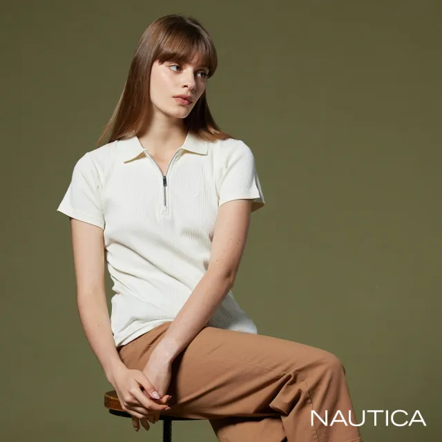 【NAUTICA】女裝 直坑條紋短袖針織POLO衫(白)