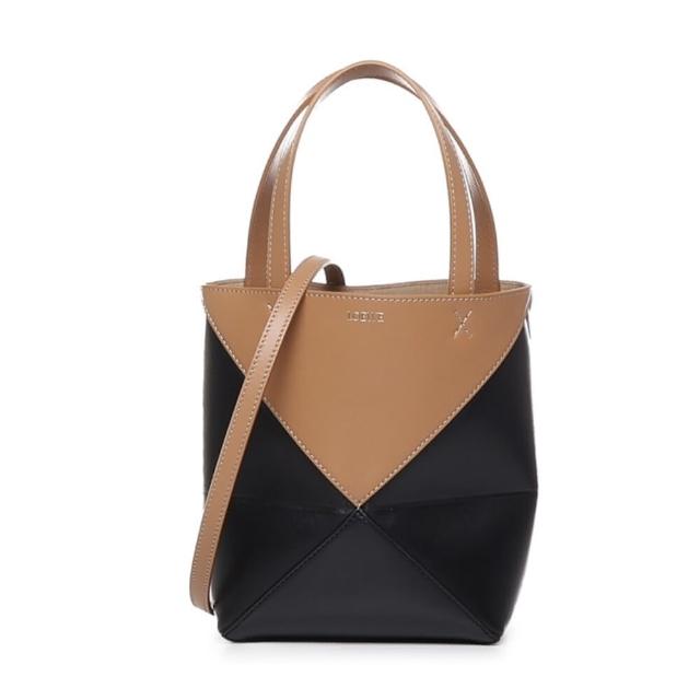 【LOEWE 羅威】Mini Puzzle Fold Tote 迷你 亮面小牛皮 折疊 托特包 肩背包 拼色 暖沙色 黑色
