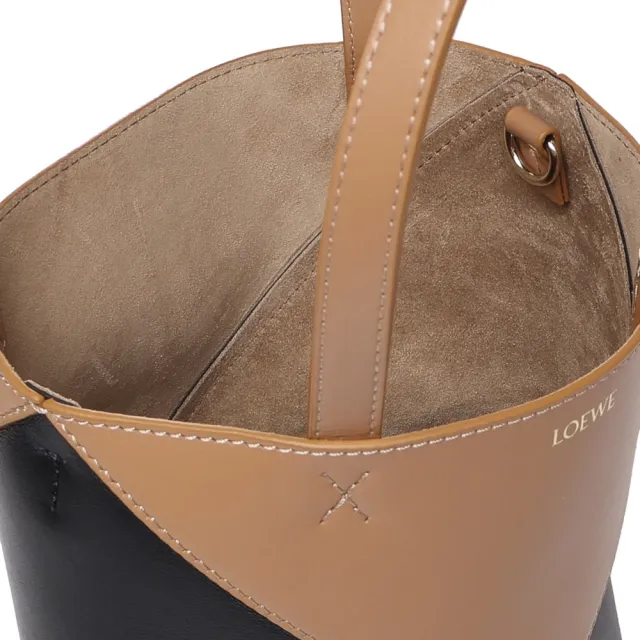 【LOEWE 羅威】Mini Puzzle Fold Tote 迷你 亮面小牛皮 折疊 托特包 肩背包 拼色 暖沙色 黑色