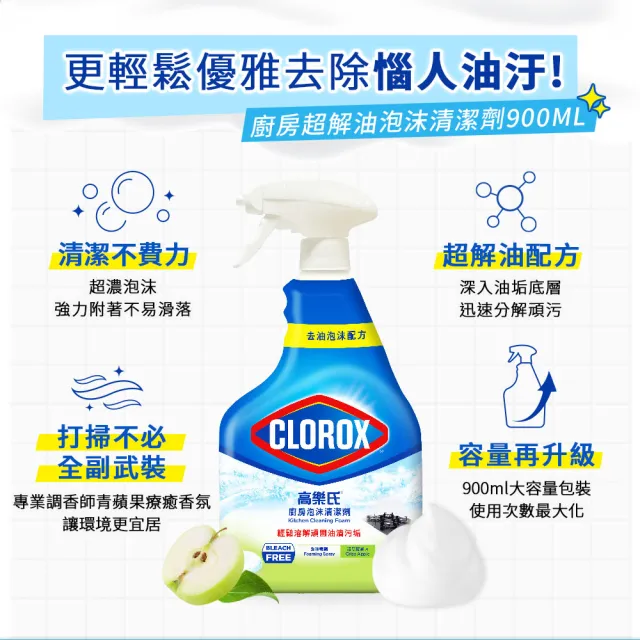 【Clorox 高樂氏】廚房超解油泡沫清潔劑 青蘋果香900ml*2+隨行保鮮膜100呎*2