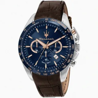 【MASERATI 瑪莎拉蒂】MASERATI手錶型號R8871612037(寶藍色錶面寶藍錶殼咖啡色真皮皮革錶帶款)