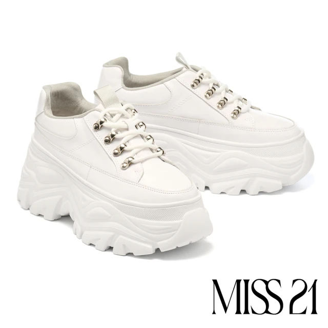 MISS 21 潮酷登山風撞色軟牛皮綁帶超厚底休閒鞋(白) 
