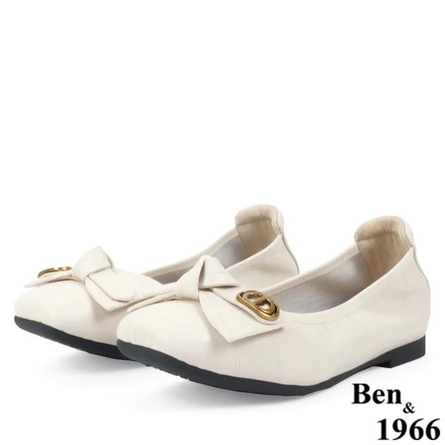 Ben&1966Ben&1966 Ben&1966高級頭層牛皮氣質蝴蝶結方頭包鞋-米白238182