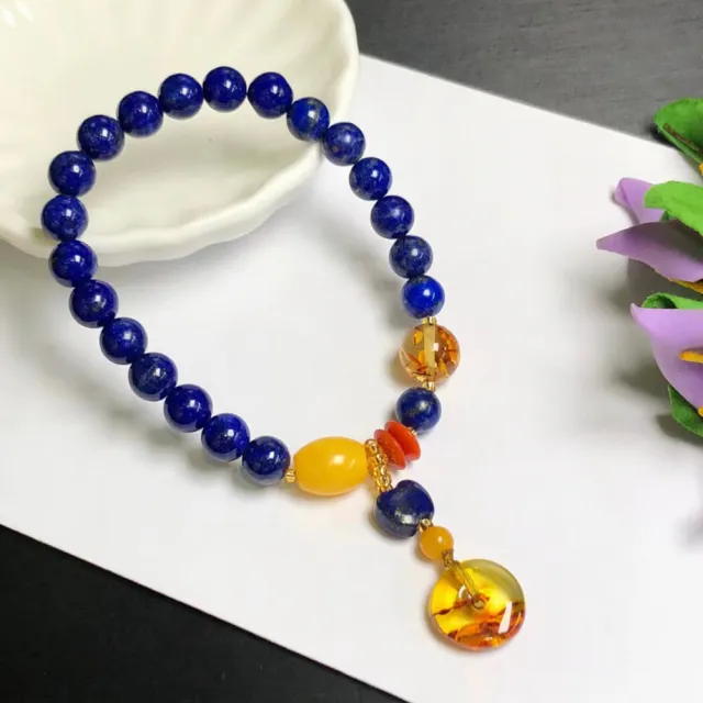 【勝弘珠寶】青金圓珠配花珀平安扣手鍊