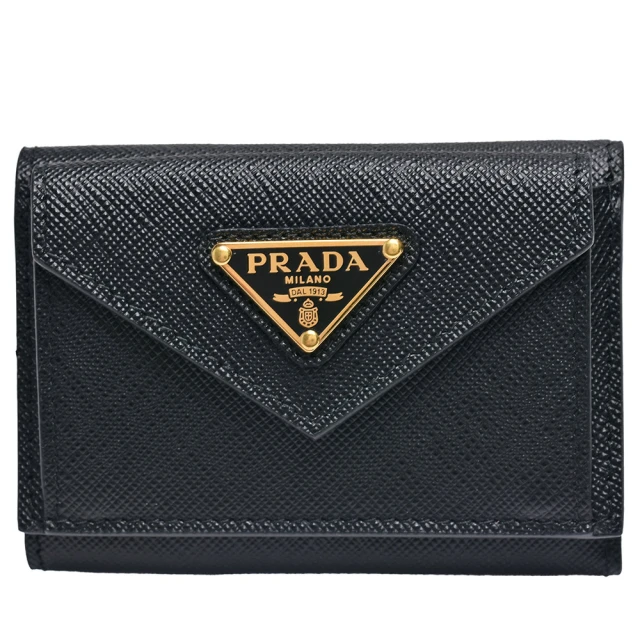 PRADA 普拉達 SAFFIANO金色浮雕LOGO防刮牛皮信封型暗釦三折短夾(黑色1MH021-SAFFIANO TRIANG-NERO)