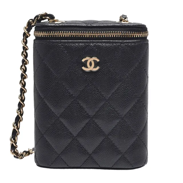 【CHANEL 香奈兒】經典金色雙C LOGO粒紋牛皮拉鍊斜背小包(黑AP2195C-BLK-GP)