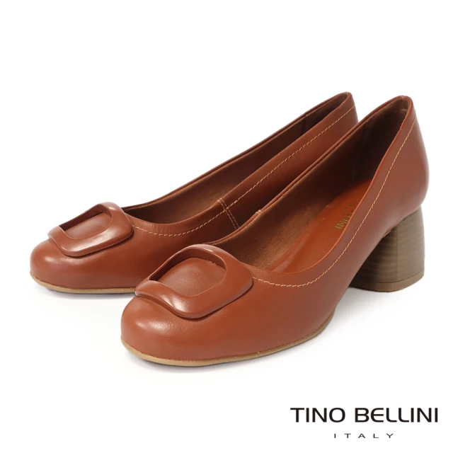 TINO BELLINI 貝里尼TINO BELLINI 貝里尼 巴西進口梯形扣圓頭粗跟鞋FWDT020-9(焦糖)