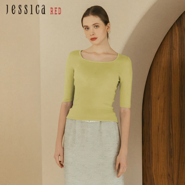 【Jessica Red】簡約百搭羊毛混紡方領短袖針織衫82415A（黃）