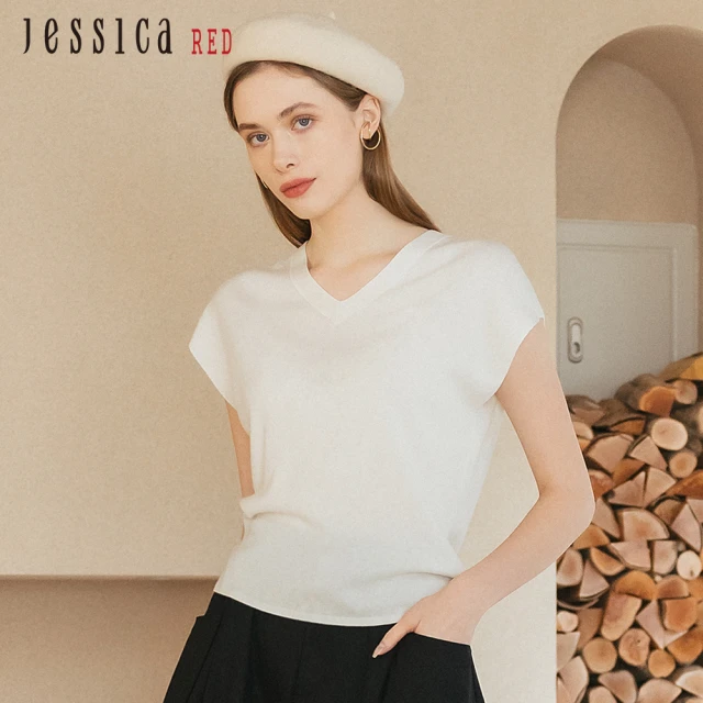 【Jessica Red】簡約舒適百搭羊毛V領短袖針織衫R35502（白）