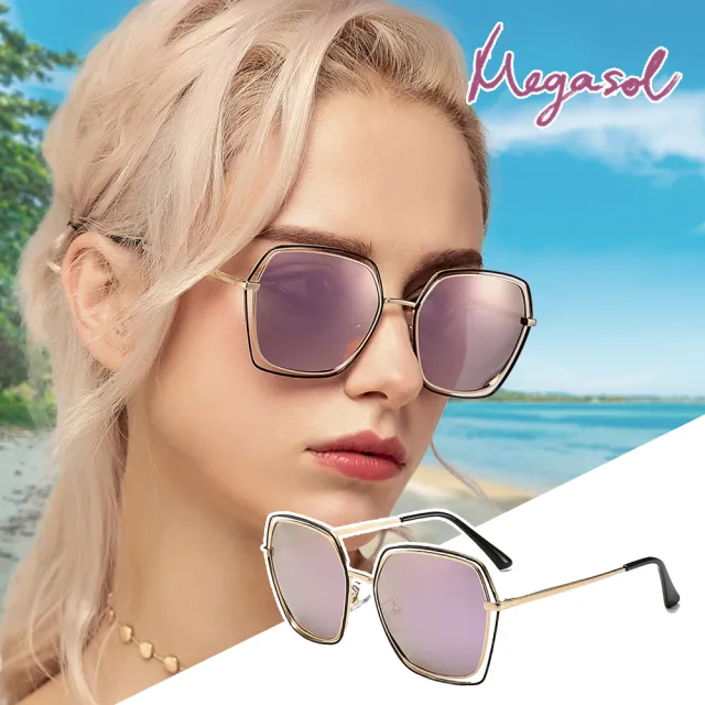 【MEGASOL】UV400防眩偏光太陽眼鏡時尚女仕中性大框墨鏡(精緻簍空多邊形矩方大框9160-多色選)