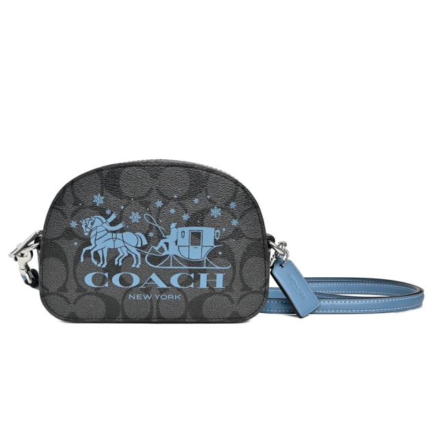 COACHCOACH PVC Logo雪花馬車斜背貝殼包(灰黑藍邊/迷你款)