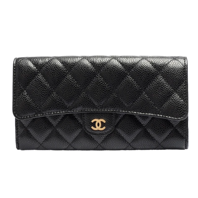 CHANEL 香奈兒 經典金色雙C LOGO菱格粒紋牛皮暗釦長夾(黑色AP0241C-BLK-GP)