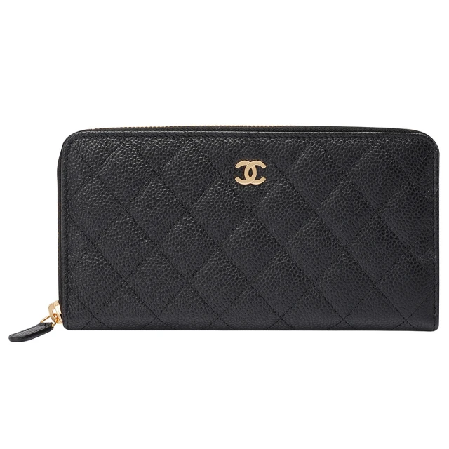 CHANEL 香奈兒 經典金色雙C LOGO菱格粒紋牛皮拉鍊長夾(黑色AP0242C-BLK-GP)