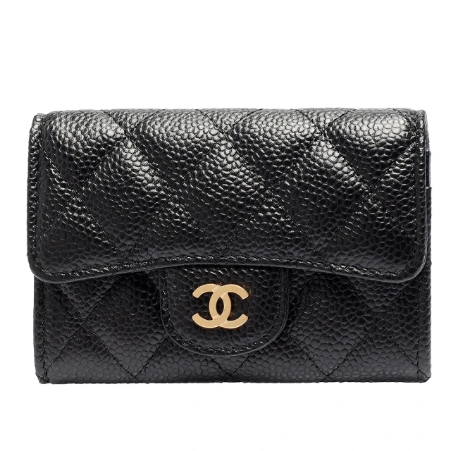 CHANEL 香奈兒 經典金色雙C LOGO菱格粒紋暗釦卡夾/零錢包(黑AP0214C-BLK-GP)