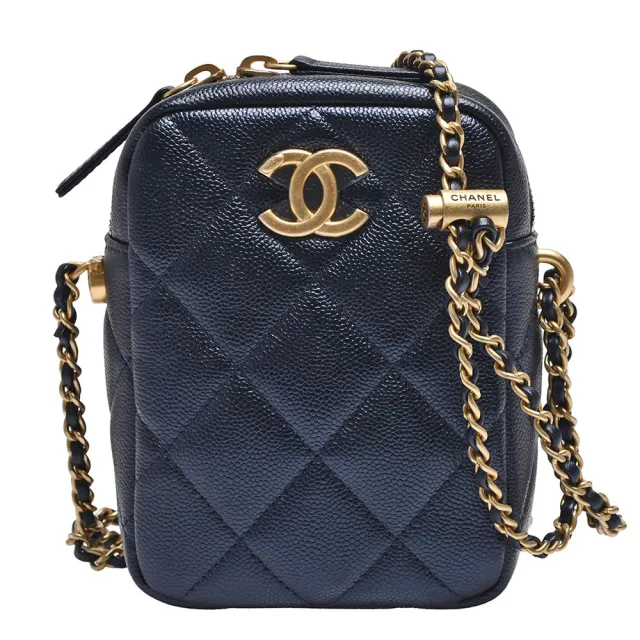 【CHANEL 香奈兒】經典雙C LOGO菱格粒紋牛皮拉鍊直立斜背包(深藍AS2857-DEEP BLUE-GPN)