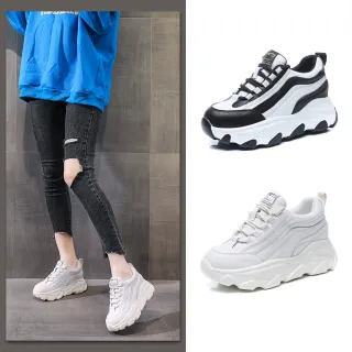 【T2R】正韓空運-經典百搭真皮拼接厚底內增高休閒小白老爹鞋-增高約8.5公分-黑/米白(5985-2317/5985-2318)