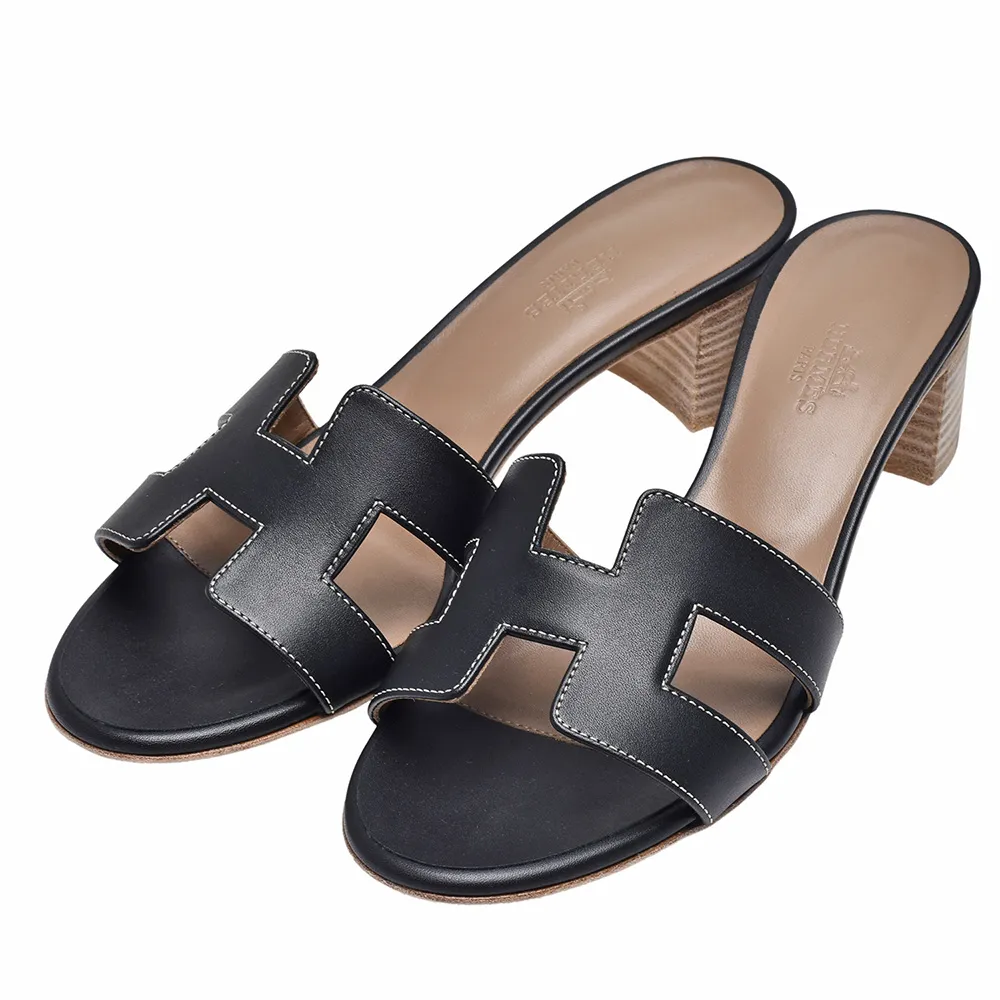 Hermes 愛馬仕】Oasis系列經典H LOGO小牛皮露趾低跟涼鞋(黑H071002Z