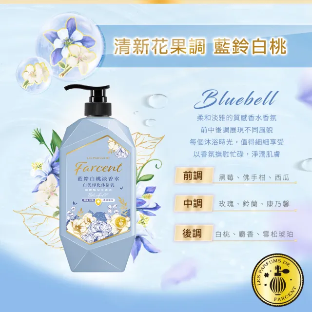 【Farcent 法頌】香水白泥淨化沐浴乳/沐浴露 1000g(白麝香/藍鈴白桃)