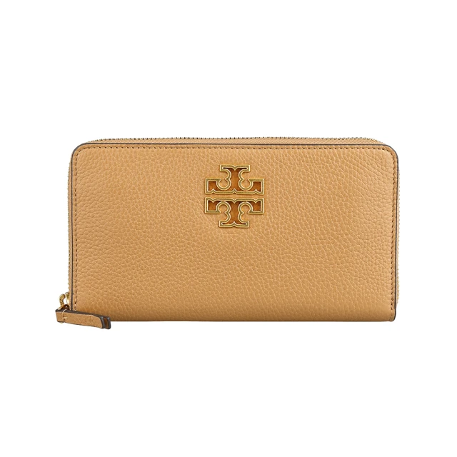 TORY BURCH TORY BURCH Britten鏤空金字LOGO小牛皮10卡拉鍊長夾(提拉米蘇棕/附鍊帶卡夾)