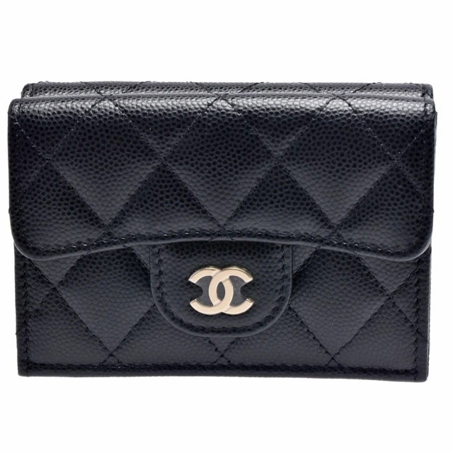 CHANEL 香奈兒 經典金色雙C LOGO菱格粒紋牛皮暗釦三折短夾(黑色AP0230C-BLK-GP)