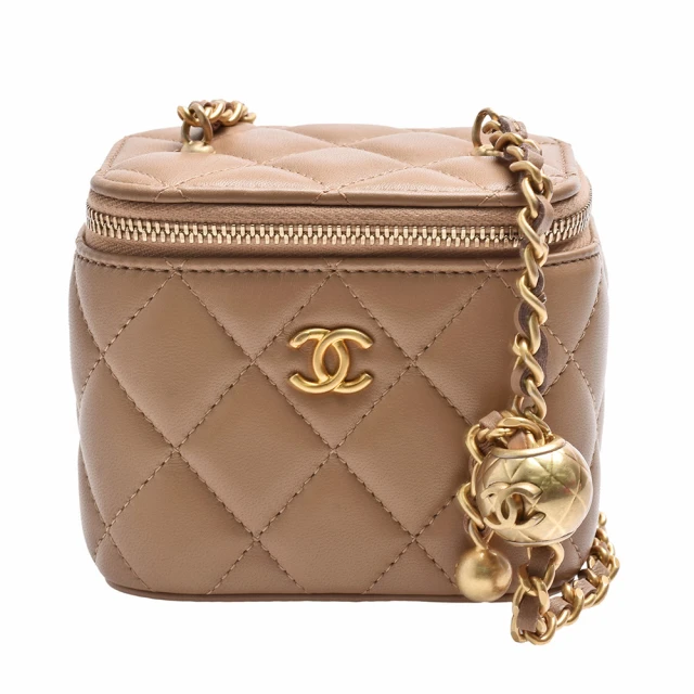 CHANEL 香奈兒 經典雙C LOGO小金球菱格小羊皮拉鍊斜背小方包(淺棕色AP1447L-BROWN-GPN)