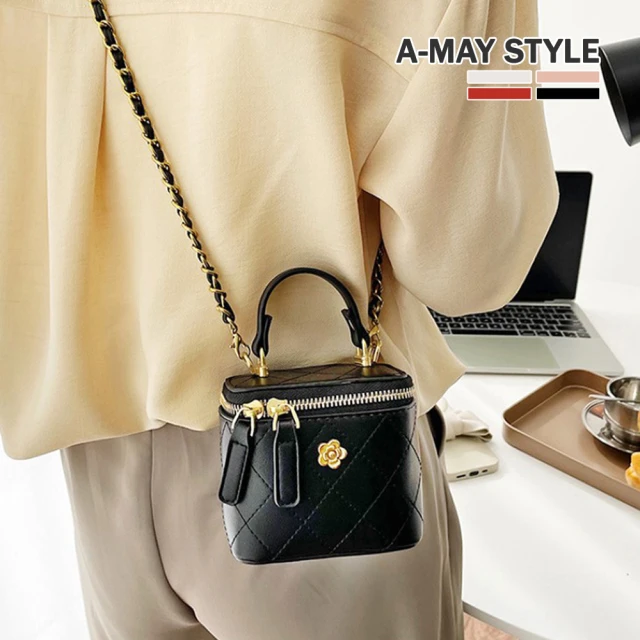Amay Style 艾美時尚 女包 手提包 側肩包 化妝包 格紋小香風優雅山茶花鍊條斜背小包(4色.預購)