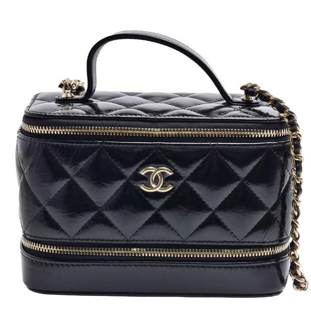【CHANEL 香奈兒】經典雙C LOGO菱格紋亮面小羊皮拉鍊手提/斜背化妝包(黑AP2918L-BLK-GP)