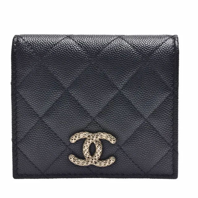 【CHANEL 香奈兒】經典網格雙C LOGO菱格粒紋牛皮暗釦短夾(黑/桃紅色AP3185C-BLK-GP)