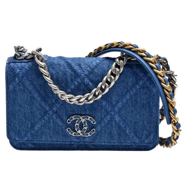 【CHANEL 香奈兒】19系列經典雙C LOGO菱格紋單寧布仿舊銀色鍊帶WOC手提/斜背包(牛仔藍色AP0957-DENIM-SSN)