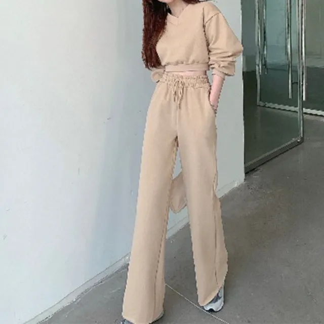 【Amirr 艾米爾】★高腰闊腿長褲短款衛衣套組(女上衣/長袖/兩件套)