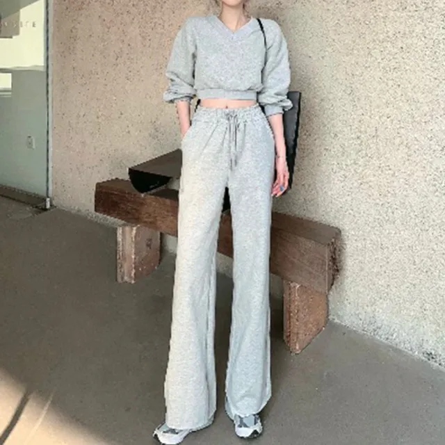 【Amirr 艾米爾】★高腰闊腿長褲短款衛衣套組(女上衣/長袖/兩件套)