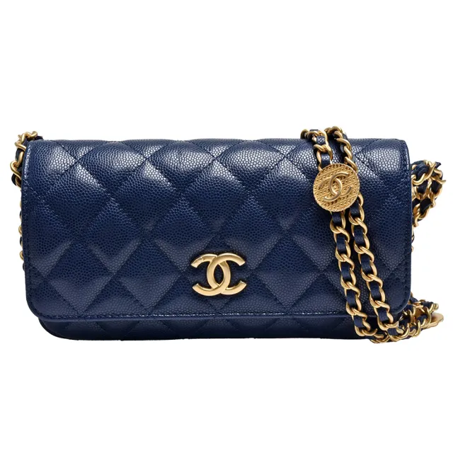 【CHANEL 香奈兒】經典仿舊雙C LOGO菱格粒紋牛皮雙鍊斜背包(藍色AP2860C-BLUE-GPN)