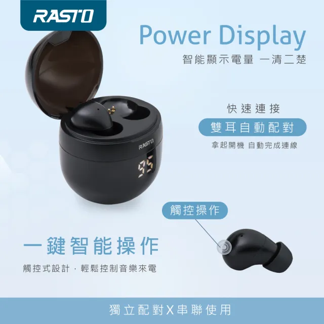 【RASTO】RS61 黑曜石小耳洞專用電量顯示真無線藍芽5.3耳機