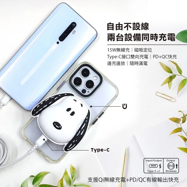 【SNOOPY 史努比】PSN-117 5600mAh 磁吸無線充電行動電源(PD快充/MagSafe/附收納底座)