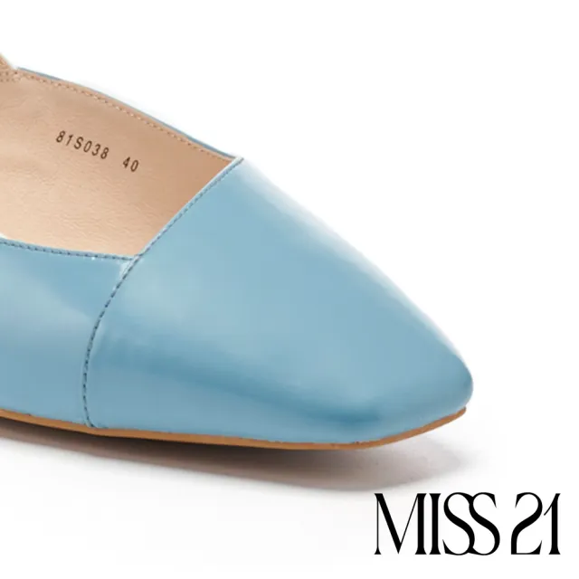 【MISS 21】日常法式拼接設計牛皮小方頭粗跟鞋(霧藍)