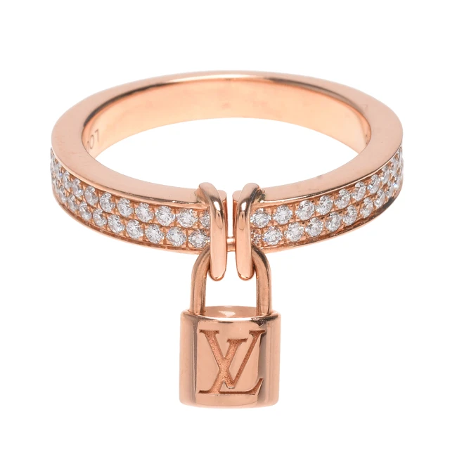 【Louis Vuitton 路易威登】Q9H40A經典LOCKIT品牌 LOGO刻印掛鎖玫瑰K金鑽石戒指(#56)